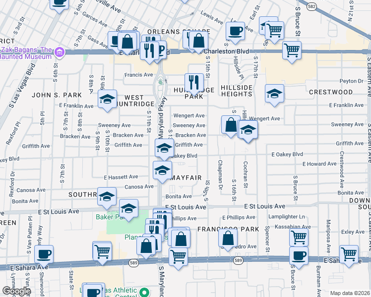 map of restaurants, bars, coffee shops, grocery stores, and more near 1310 East Oakey Boulevard in Las Vegas