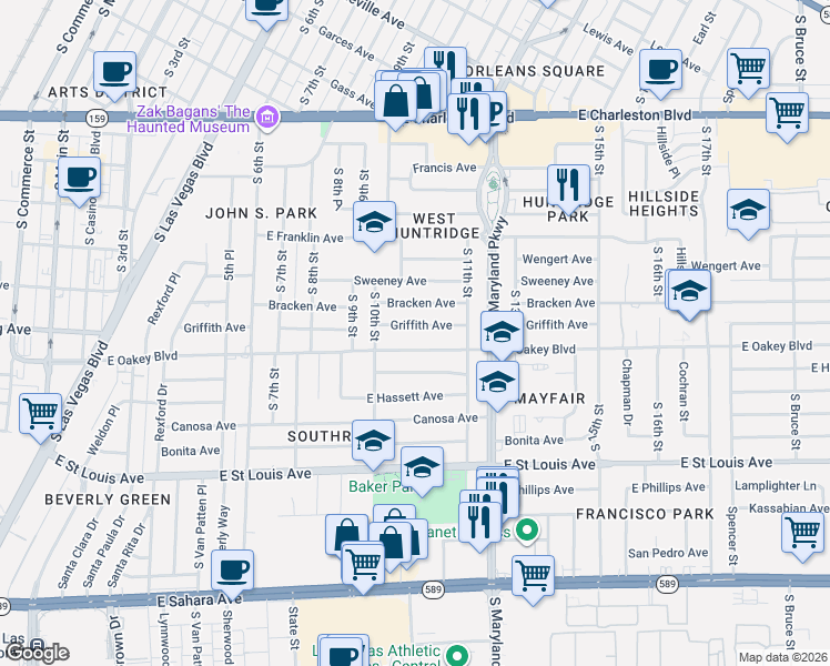 map of restaurants, bars, coffee shops, grocery stores, and more near 1030 East Oakey Boulevard in Las Vegas