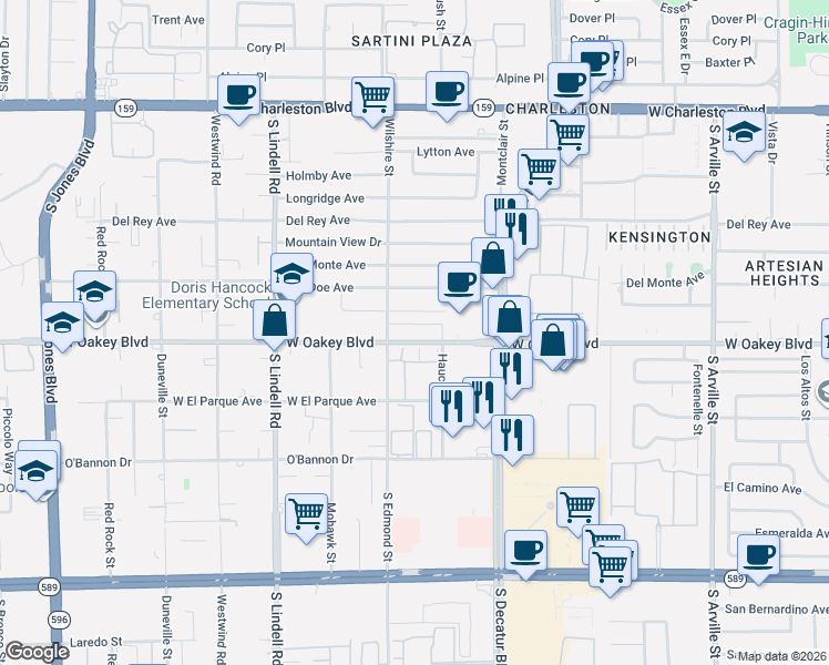 map of restaurants, bars, coffee shops, grocery stores, and more near 1800 South Edmond Street in Las Vegas