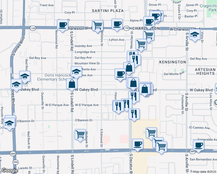 map of restaurants, bars, coffee shops, grocery stores, and more near 1800 South Edmond Street in Las Vegas