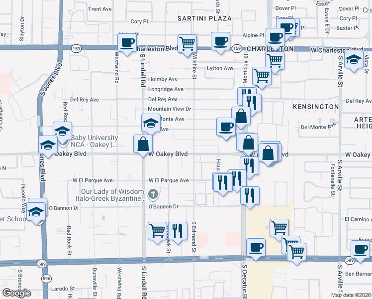 map of restaurants, bars, coffee shops, grocery stores, and more near 5333 West Oakey Boulevard in Las Vegas