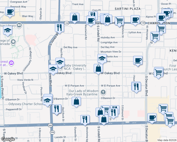 map of restaurants, bars, coffee shops, grocery stores, and more near 5585 West Oakey Boulevard in Las Vegas