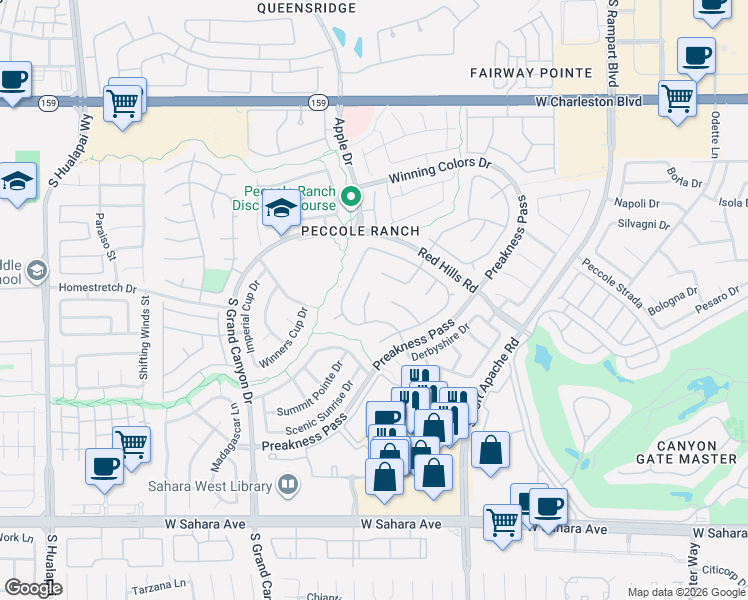 map of restaurants, bars, coffee shops, grocery stores, and more near 1624 Windsford Circle in Las Vegas