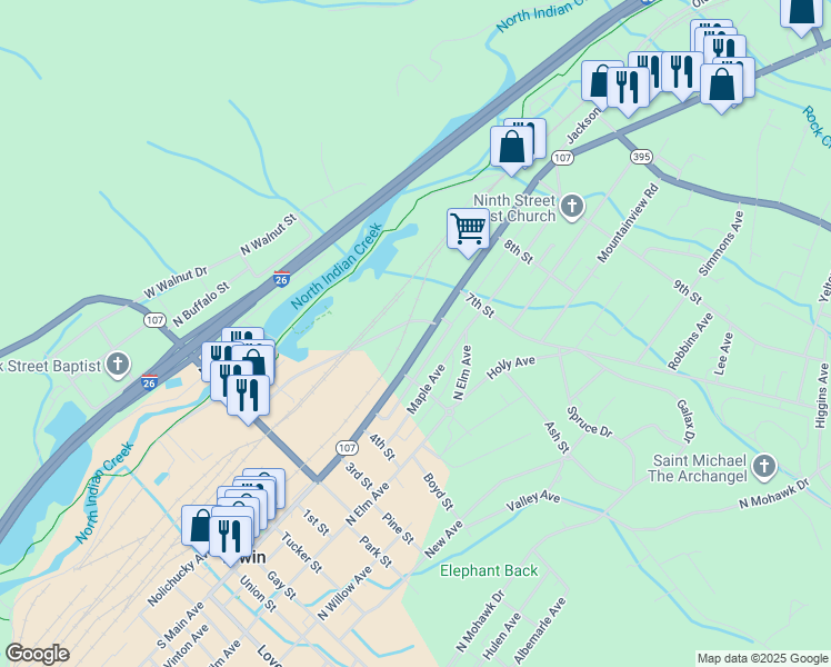map of restaurants, bars, coffee shops, grocery stores, and more near 728 North Main Avenue in Erwin