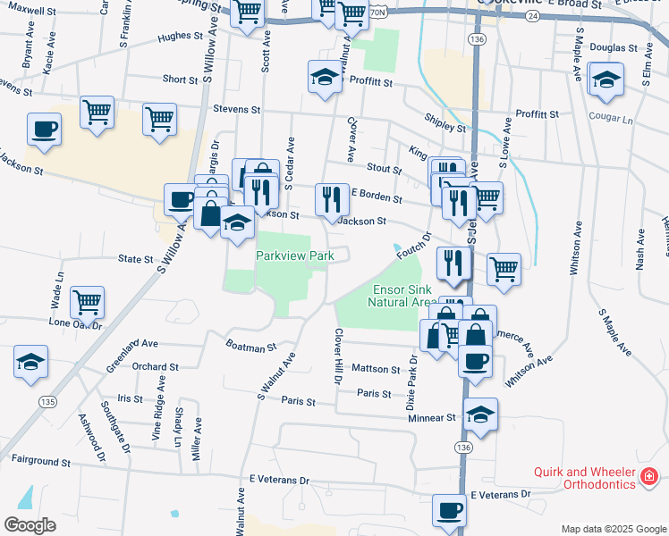 map of restaurants, bars, coffee shops, grocery stores, and more near 539 S Walnut Ave in Cookeville