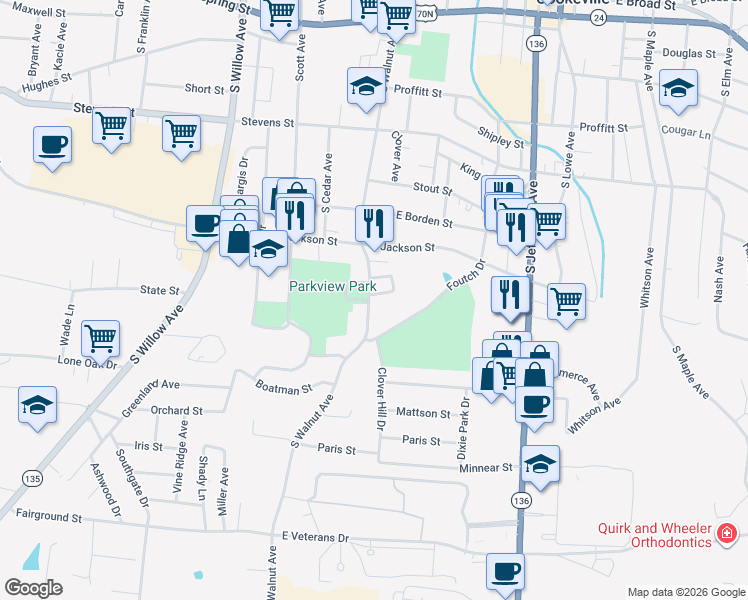 map of restaurants, bars, coffee shops, grocery stores, and more near 539 S Walnut Ave in Cookeville