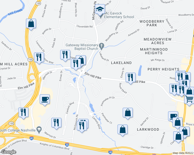 map of restaurants, bars, coffee shops, grocery stores, and more near 717 Airways Circle in Nashville