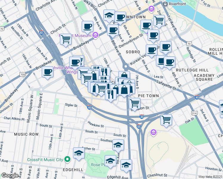 map of restaurants, bars, coffee shops, grocery stores, and more near 603 9th Avenue South in Nashville