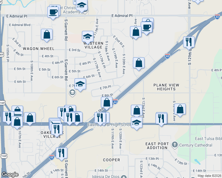 map of restaurants, bars, coffee shops, grocery stores, and more near 11580 E 8th St in Tulsa