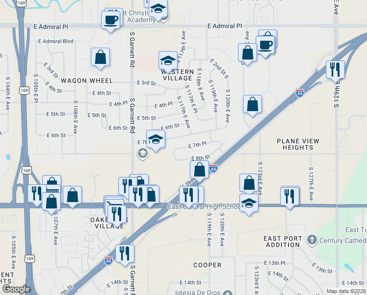 map of restaurants, bars, coffee shops, grocery stores, and more near 11511 East 8th Street in Tulsa