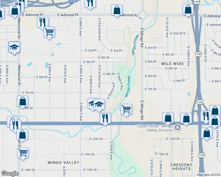 map of restaurants, bars, coffee shops, grocery stores, and more near 9120 East 7th Street in Tulsa