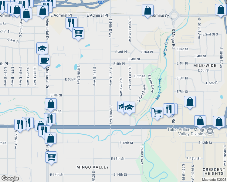 map of restaurants, bars, coffee shops, grocery stores, and more near 703 South 89th East Avenue in Tulsa