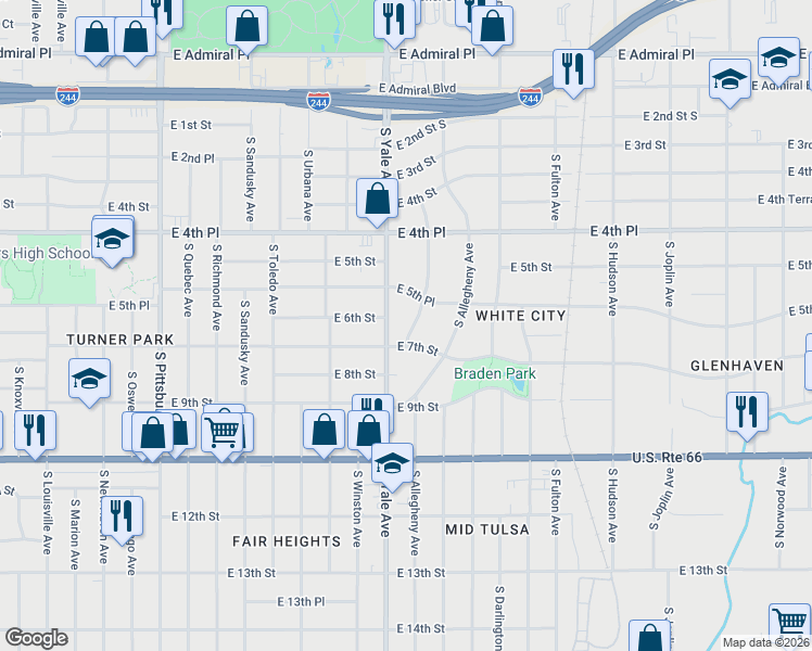 map of restaurants, bars, coffee shops, grocery stores, and more near 4905 East 7th Street in Tulsa