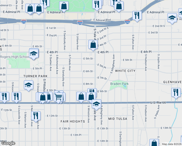 map of restaurants, bars, coffee shops, grocery stores, and more near 4727 East 7th Street in Tulsa