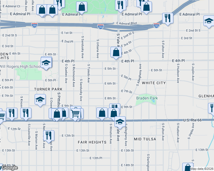 map of restaurants, bars, coffee shops, grocery stores, and more near 4727 East 7th Street in Tulsa