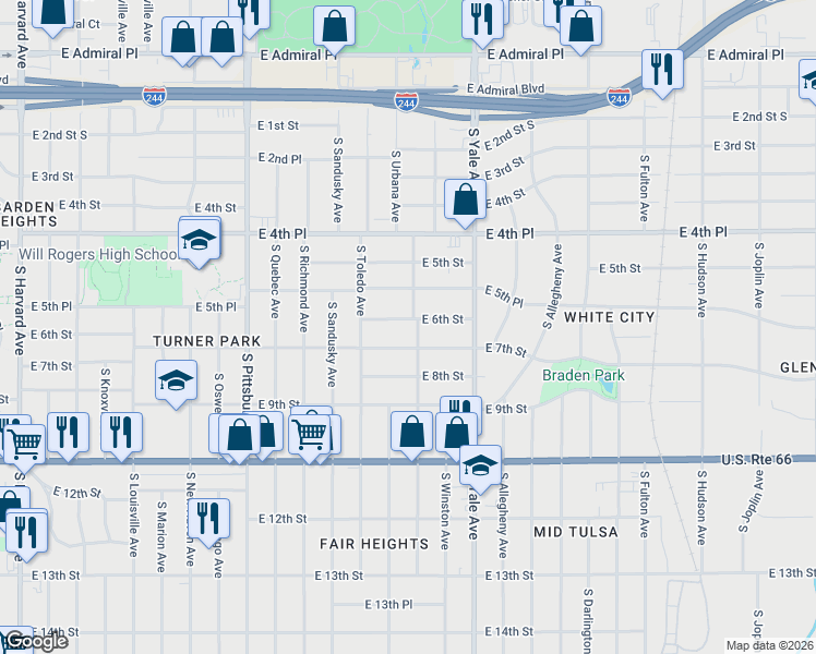 map of restaurants, bars, coffee shops, grocery stores, and more near 4547 East 7th Street in Tulsa