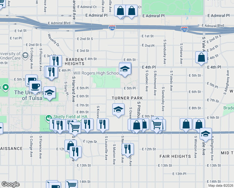 map of restaurants, bars, coffee shops, grocery stores, and more near 544 South New Haven Avenue in Tulsa