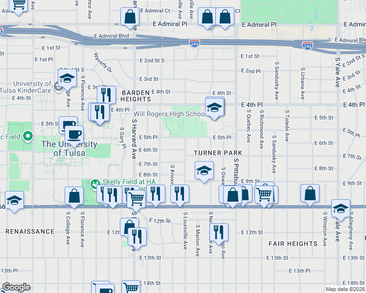 map of restaurants, bars, coffee shops, grocery stores, and more near 547 South Louisville Avenue in Tulsa