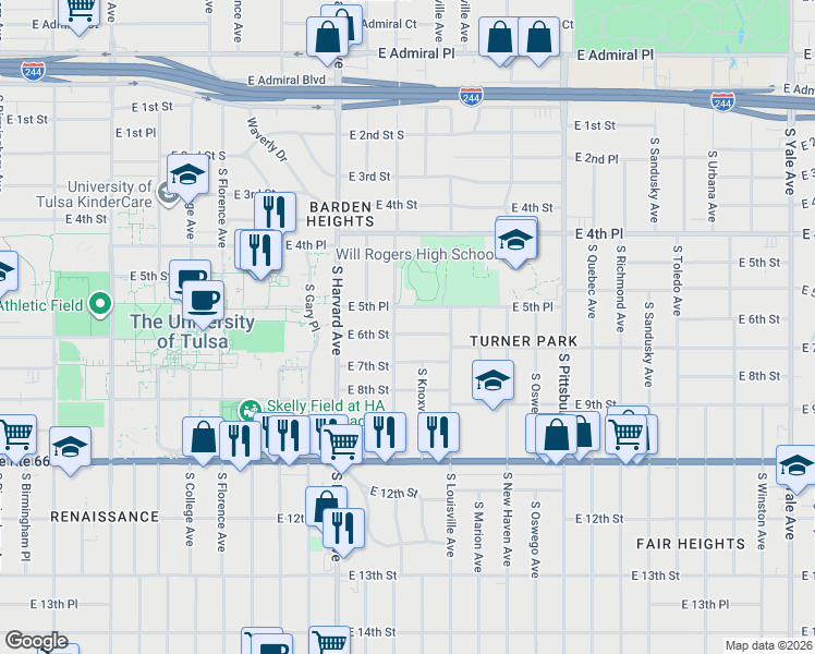 map of restaurants, bars, coffee shops, grocery stores, and more near 3528 East 6th Street in Tulsa