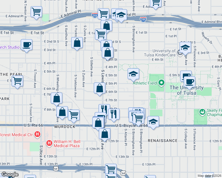 map of restaurants, bars, coffee shops, grocery stores, and more near 2440 East 6th Street in Tulsa