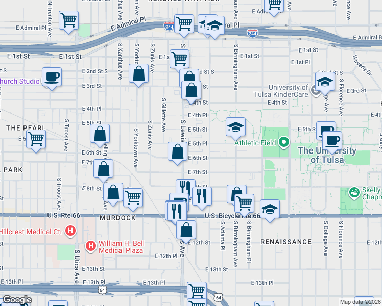 map of restaurants, bars, coffee shops, grocery stores, and more near 2402 East 6th Street in Tulsa