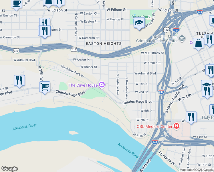 map of restaurants, bars, coffee shops, grocery stores, and more near 116 South Tacoma Avenue in Tulsa