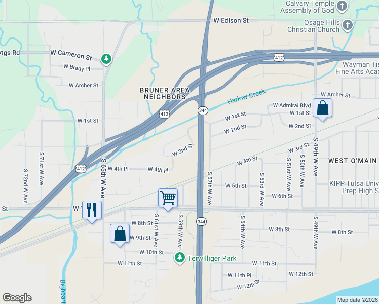 map of restaurants, bars, coffee shops, grocery stores, and more near 5762 West 2nd Street in Tulsa