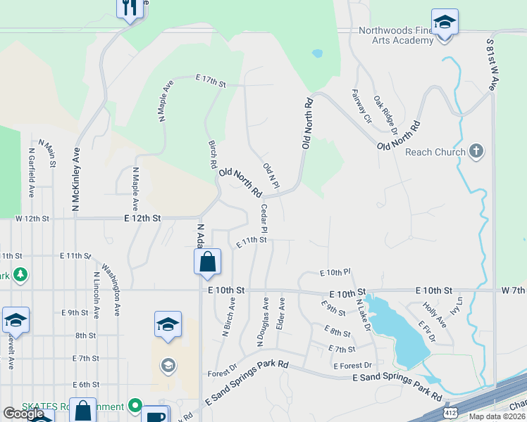 map of restaurants, bars, coffee shops, grocery stores, and more near 1118 Cedar Place in Sand Springs