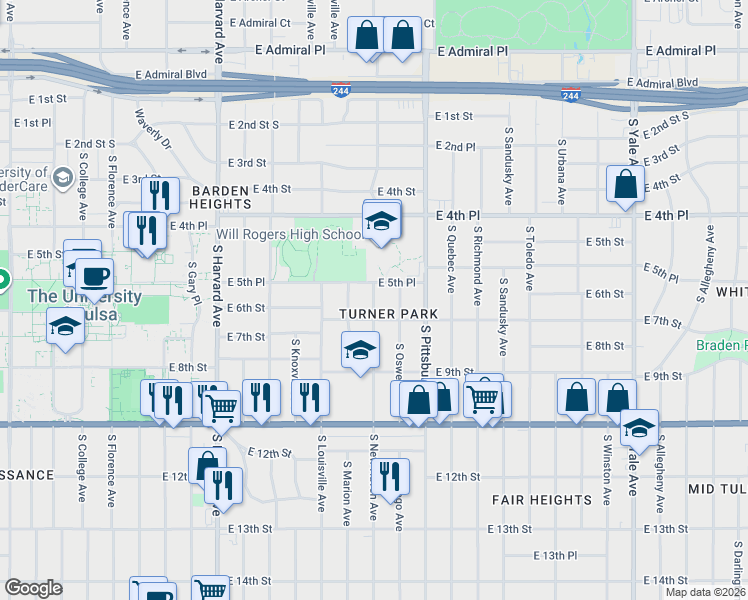 map of restaurants, bars, coffee shops, grocery stores, and more near 531 South New Haven Avenue in Tulsa