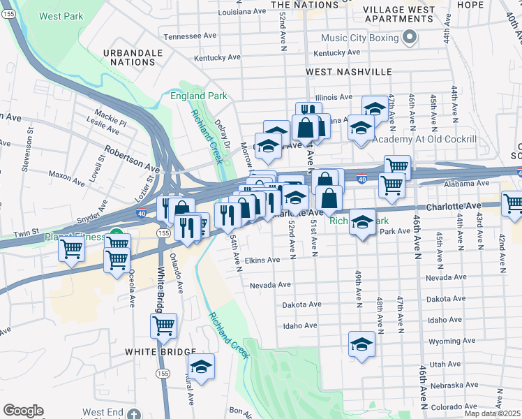 map of restaurants, bars, coffee shops, grocery stores, and more near 5303 Charlotte Avenue in Nashville