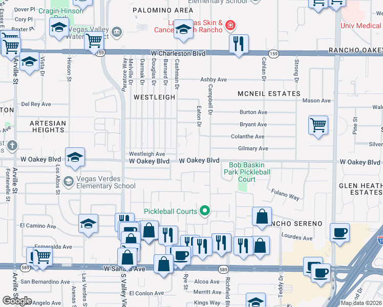 map of restaurants, bars, coffee shops, grocery stores, and more near 3200 West Oakey Boulevard in Las Vegas