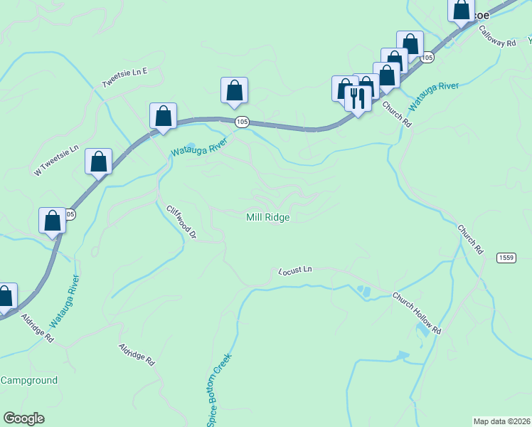 map of restaurants, bars, coffee shops, grocery stores, and more near 265 Leatherwood Road in Banner Elk