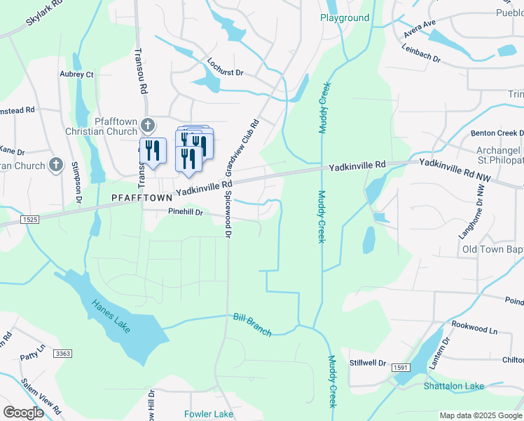 map of restaurants, bars, coffee shops, grocery stores, and more near 4210 Lindsey Lane in Winston-Salem