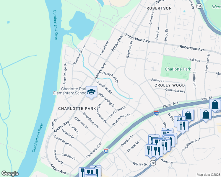 map of restaurants, bars, coffee shops, grocery stores, and more near 533 American Road in Nashville