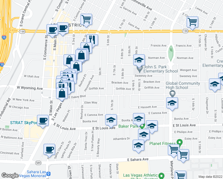 map of restaurants, bars, coffee shops, grocery stores, and more near 1532 South 7th Street in Las Vegas