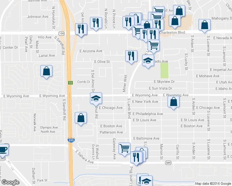 map of restaurants, bars, coffee shops, grocery stores, and more near 4120 East Wyoming Avenue in Las Vegas