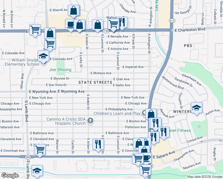 map of restaurants, bars, coffee shops, grocery stores, and more near 4760 East New York Avenue in Las Vegas