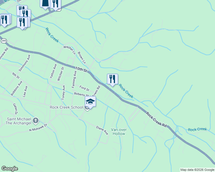 map of restaurants, bars, coffee shops, grocery stores, and more near 816 Rock Creek Road in Erwin