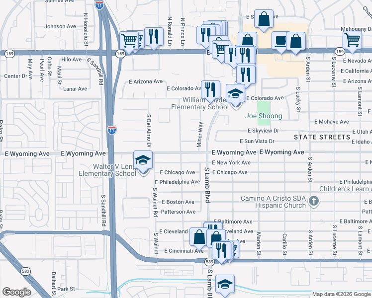 map of restaurants, bars, coffee shops, grocery stores, and more near 4120 East Wyoming Avenue in Las Vegas