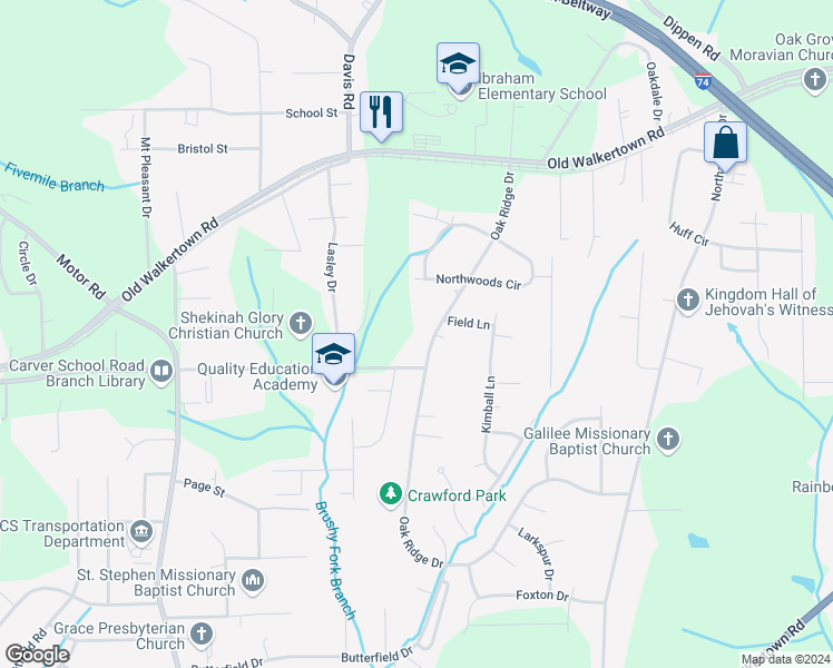 map of restaurants, bars, coffee shops, grocery stores, and more near 4529 Lasley Drive in Winston-Salem