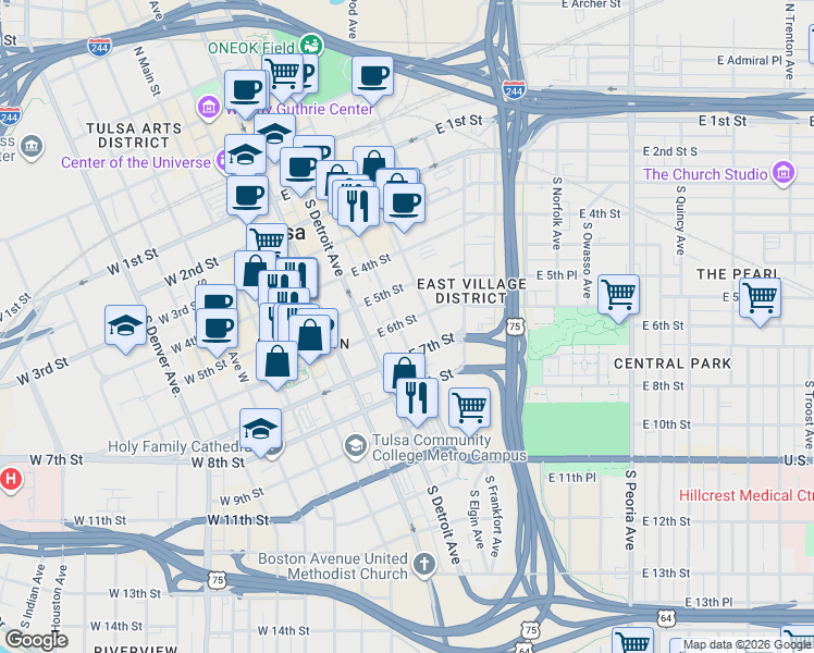 map of restaurants, bars, coffee shops, grocery stores, and more near 606 South Elgin Avenue in Tulsa