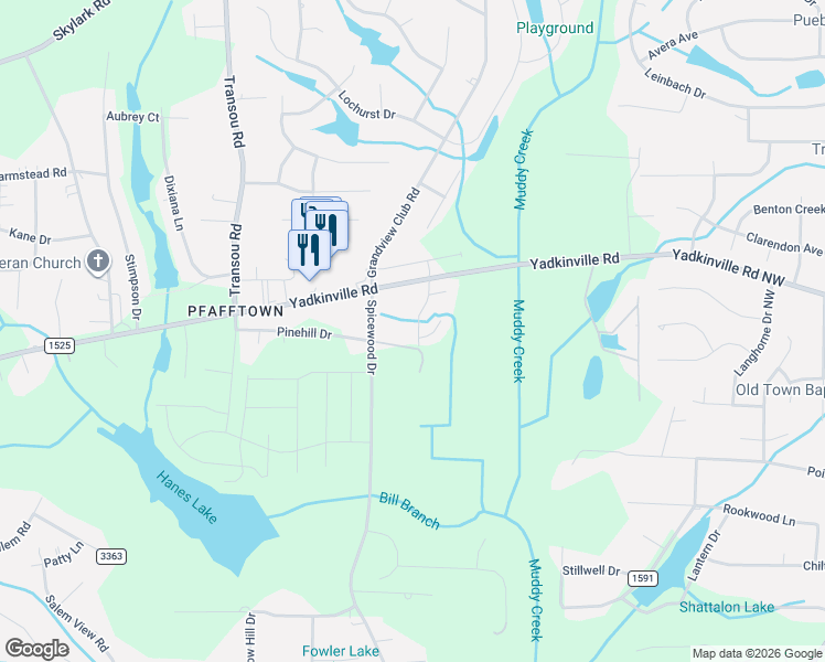 map of restaurants, bars, coffee shops, grocery stores, and more near 4205 Lindsey Lane in Winston-Salem