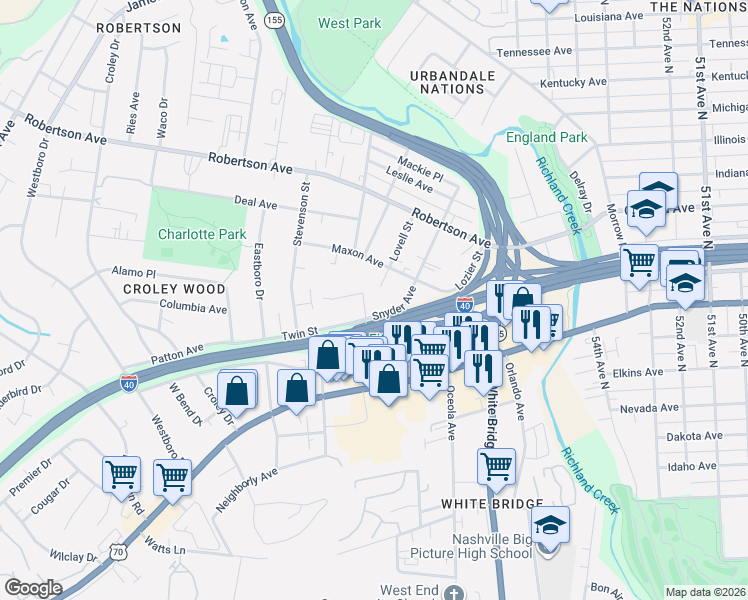 map of restaurants, bars, coffee shops, grocery stores, and more near 5908 Obrien Avenue in Nashville