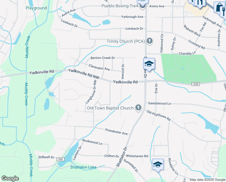 map of restaurants, bars, coffee shops, grocery stores, and more near 4458 Inwood Drive in Winston-Salem