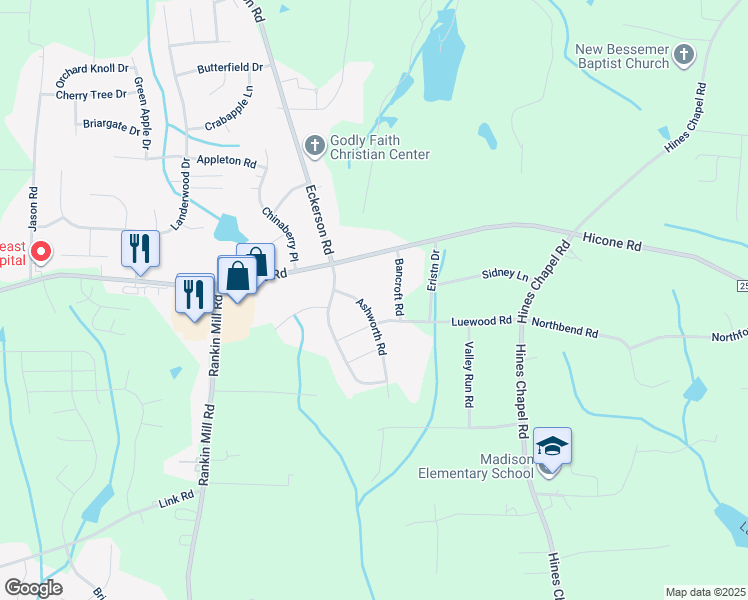 map of restaurants, bars, coffee shops, grocery stores, and more near 5302 Ashworth Road in Greensboro