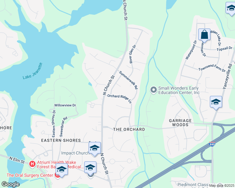 map of restaurants, bars, coffee shops, grocery stores, and more near 560 Orchard Ridge Lane in Greensboro