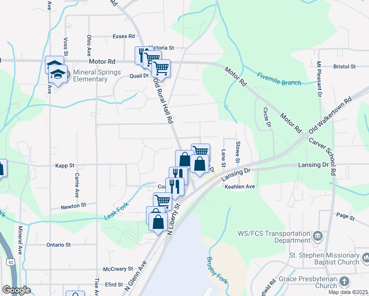map of restaurants, bars, coffee shops, grocery stores, and more near 4507 Old Rural Hall Road in Winston-Salem