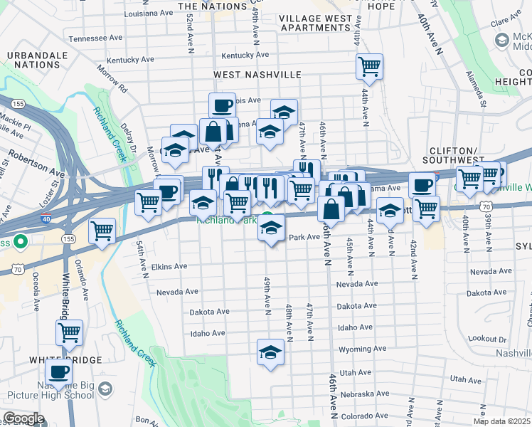 map of restaurants, bars, coffee shops, grocery stores, and more near 4822 Charlotte Avenue in Nashville