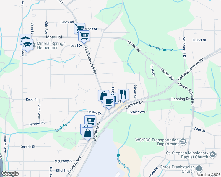 map of restaurants, bars, coffee shops, grocery stores, and more near 1106 Graystone Drive in Winston-Salem