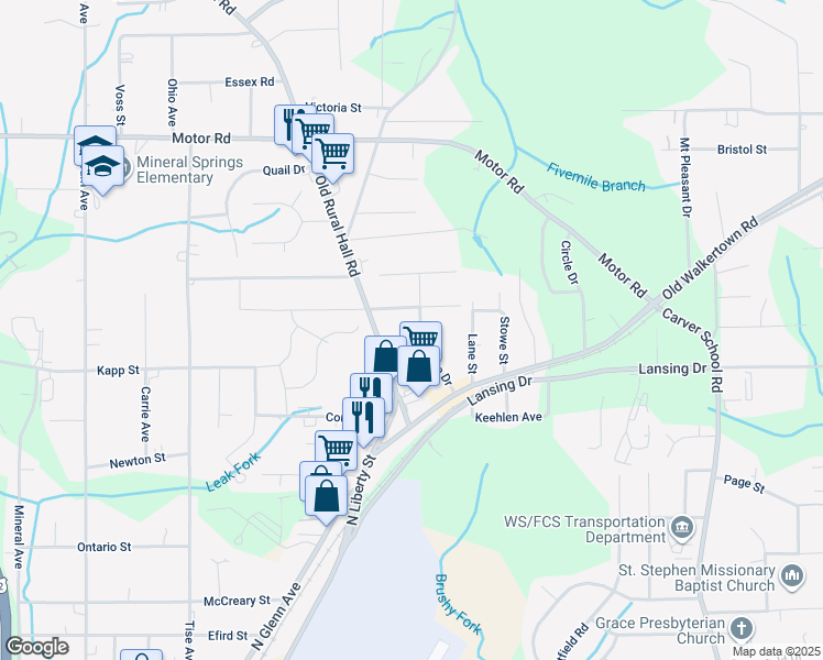 map of restaurants, bars, coffee shops, grocery stores, and more near 1106 Graystone Drive in Winston-Salem